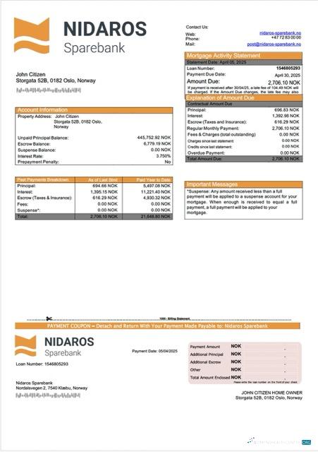 Download Norway Nidaros Sparebank mortgage statement Word and PDF template Photoshop template
